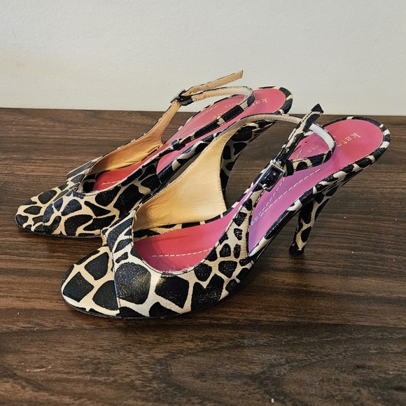 Kate Spade NY High Heel Slingback Sandal Beige Black Animal Giraffe Print Sz 6.5 - Picture 3 of 10